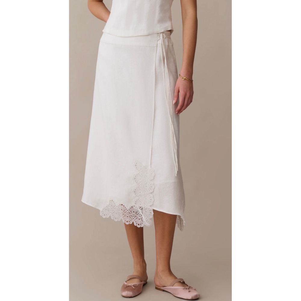 Few Moda Kourt White Linen Wrap Midi Skirt Lace Trim Asymmetrical K26WSKP0332FS